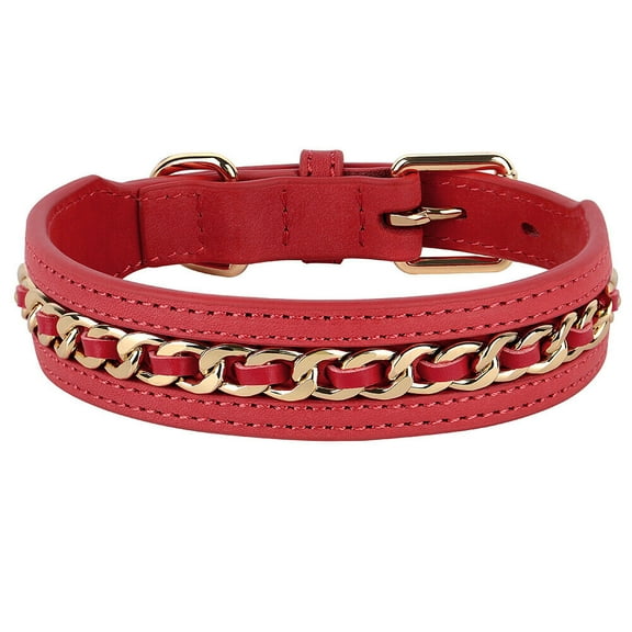 Didog Luxury Genuine Leather Dog Collars with Luxury Chain Studded Adjustable for Medium and Large Breeds Red Black