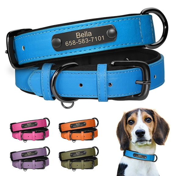 Didog Personalised Dog Collars PU Leather Padded Custom Engraved with Pet Name and Phone Number
