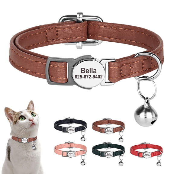 Didog Personalized Adjustable Leather Cat Collar Custom Kitten Puppy ID Name with Bell