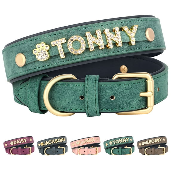 Didog Personalized Diamond Dog Collar with Golden Bling Rhinestone DIY Pet Name Letters and Charms, Soft Padded Leather Dog Collar with Durable Hardware for Small Medium Dogs