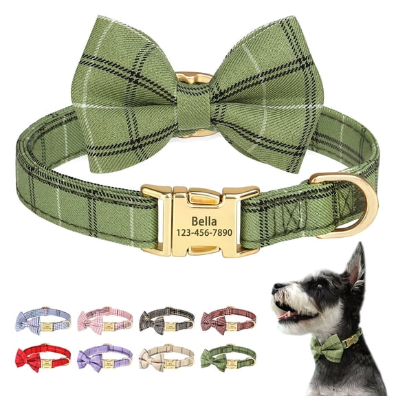 Didog Personalized Dog Collar Cute Bow Tie Custom Pet Name Engraved Metal Buckle 2XS-S