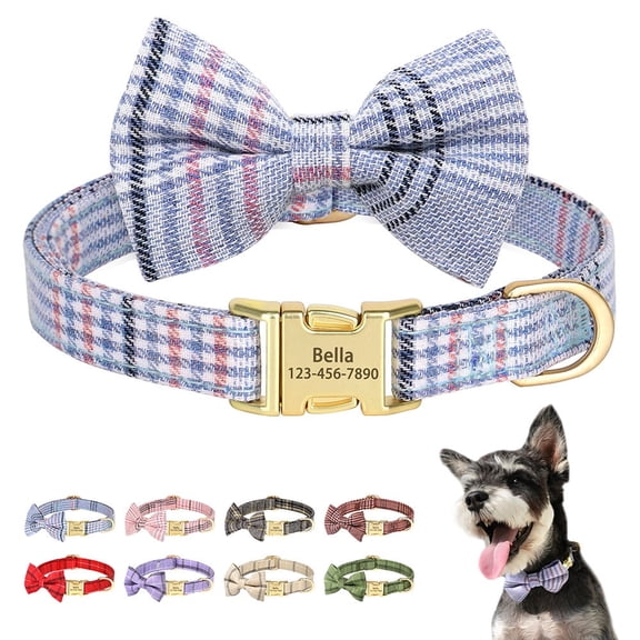 Didog Personalized Dog Collar Cute Bow Tie Custom Pet Name Engraved Metal Buckle 2XS-S