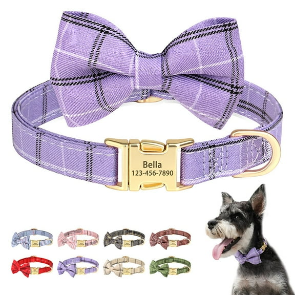 Didog Personalized Dog Collar Cute Bow Tie Custom Pet Name Engraved Metal Buckle 2XS-S