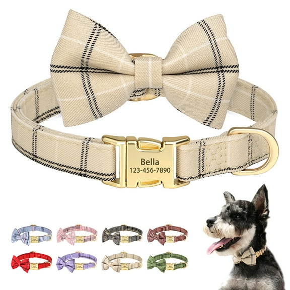 Didog Personalized Dog Collar Cute Bow Tie Custom Pet Name Engraved Metal Buckle 2XS-S