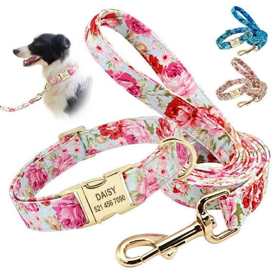 Didog Personalized Dog Collar and Leash set Pet Name ID Number Engraved Soft Padded Nylon