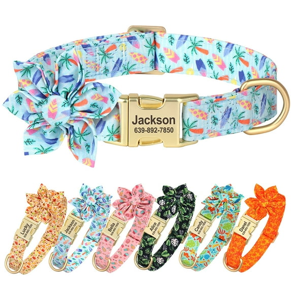 Didog Personalized Fabric Dog Collar with Cute Flower Engraved Pet NameTag Adjustable