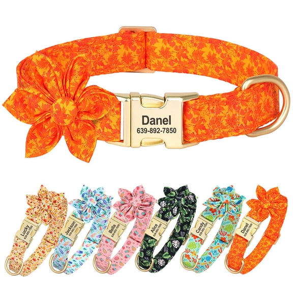 Didog Personalized Fabric Dog Collar with Cute Flower Engraved Pet NameTag Adjustable
