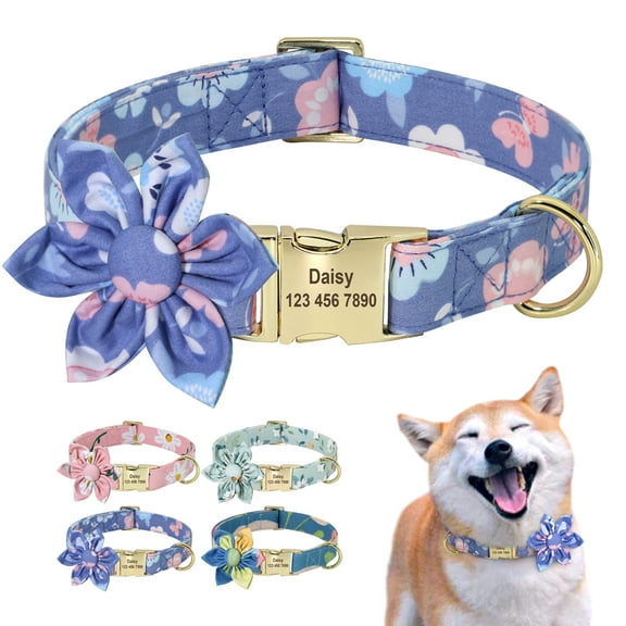 Didog Personalized Floral Nylon Dog Collar Engraved Pet Name Collars Adjustable