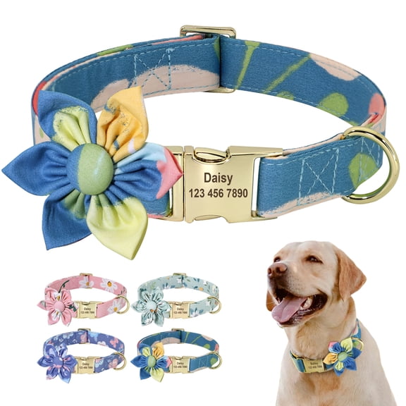 Didog Personalized Floral Nylon Dog Collar Engraved Pet Name Collars Adjustable