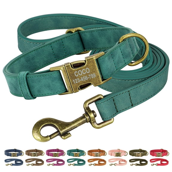 Didog Personalized Leather Dog Collar and Leash Set with Brass Buckle Adjustable XS-L