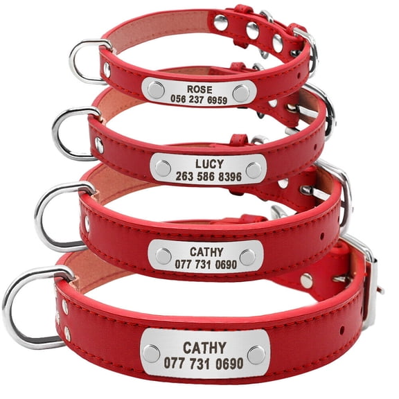 Didog Personalized Leather Dog Collars with Custom ID Nameplate with D ring Free Engraved S M L XLRed/Grey/Pink