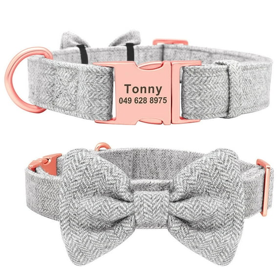 Didog Personalized Tweed Dog Collar with Bowtie Free Engraved Pet Name Number Tag Pink Gray Grey Brown S M L