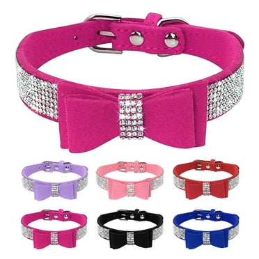 Didog Rhinestone Bling Leather Dog & Cat Collar - Flocking Sparkly Crystal Diamonds Studded - Cute Double Bowknot for Pet Show & Daily Walking