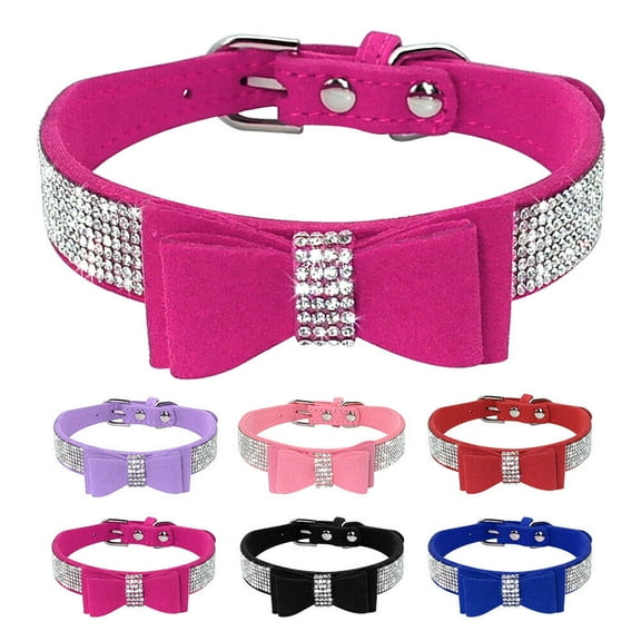 Didog Rhinestone Bling Leather Dog & Cat Collar - Flocking Sparkly Crystal Diamonds Studded - Cute Double Bowknot for Pet Show & Daily Walking