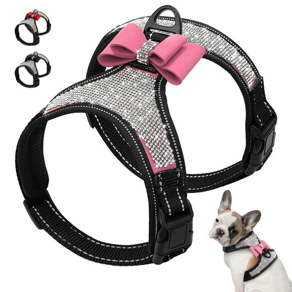 Didog Rhinestone Dog Harness - Reflective Bling Nylon Dog Vest with Sparkly Bow Tie for Small Medium Large Dogs Walking,Wedding and Party