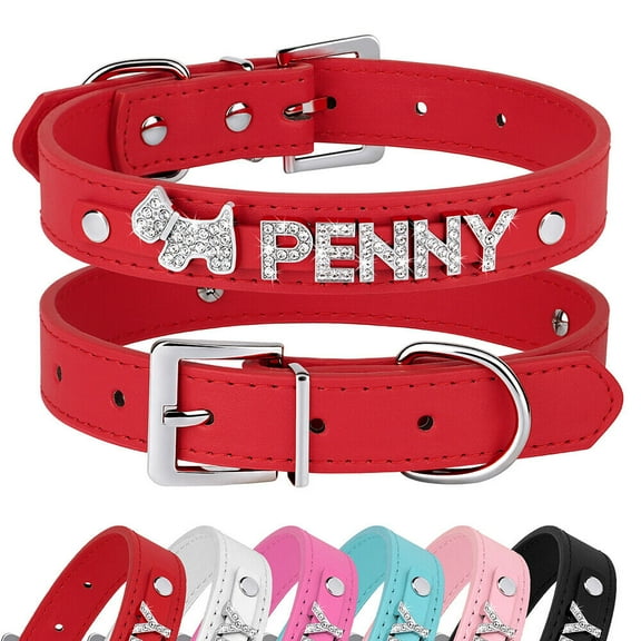 Didog Smooth PU Leather Custom Dog Collars with Rhinestone Personalized Name Letters, Fit Small Medium Dogs