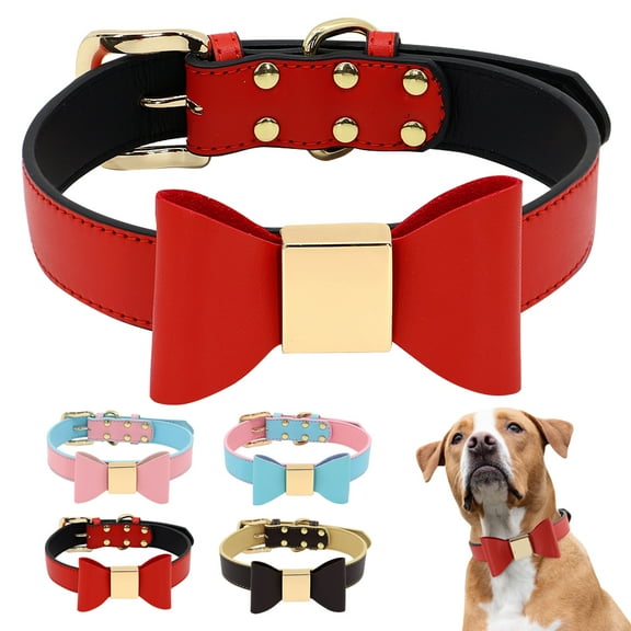 Didog Soft Leather Dog Cat Collar with cute Bow Tie Luxury Adjustable for Small Medium Large Dogs Red/Blue/Pink/Brown XS/M/L/XL