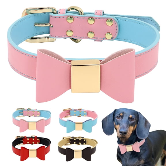 Didog Soft Leather Dog Cat Collar with cute Bow Tie Luxury Adjustable for Small Medium Large Dogs Red/Blue/Pink/Brown XS/M/L/XL