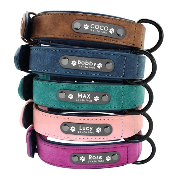 Didog Soft Leather Personalized Dog Collar ID Tag Free Engraved for Small Medium Large Dogs Blue/Pink/Purple/Green/Brown