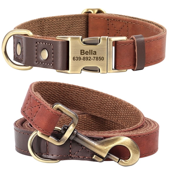 Didog Soft Leather Personalized Dog Collar and Leash set Custom Engraved Nameplate for Small/Large Dogs