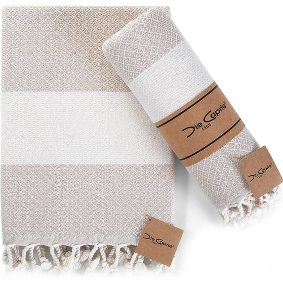Die Caprie Turkish Hand Towels Set of 2 | 100% Cotton, 16 x 40 Inches | Decorative Bathroom Towel for Hand, Face, Gym, Yoga, Dishcloth, Kitchen and Bath (2 Hand Towels, Cream)