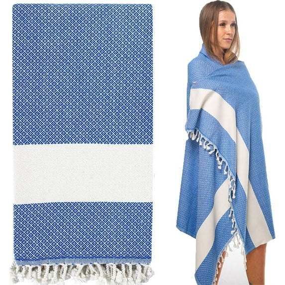 Die Caprie Turkish Towel 100% Cotton Peshtemal Sand Free Beach Towel Travel Camping Bath Sauna Beach Gym Pool Yoga Blanket Gift Quick Dry Towels (Beach Towel, Blue)