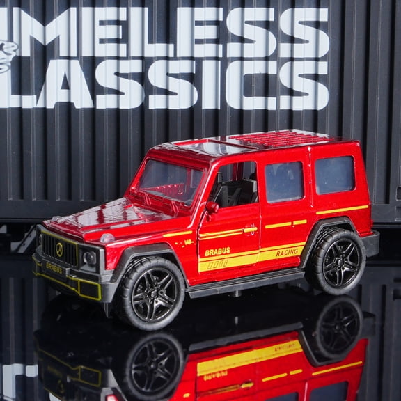 Die-Cast G-Class Model Car, Red with Yellow Stripe Pull-Back SUV with Openable Doors & Spare Tire, Off-Road Vehicle