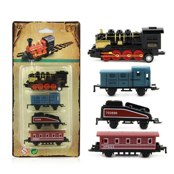 Die-Cast Steam Train Toy Set for Kids – Classic Alloy Front Engine with 3 Carriages, Regenerative Pull-Back Locomotive Model, Mini Vintage Railway Toy for Boys & Girls
