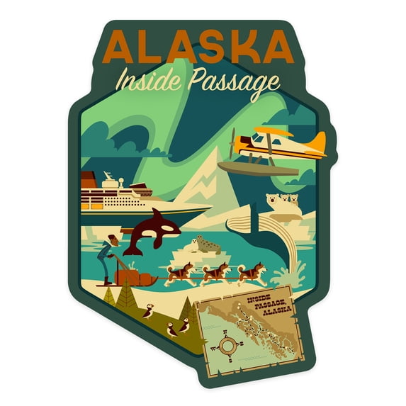 Die Cut Sticker Alaska, Inside Passage, Geometric, Contour Vinyl Sticker 1 to 3 inches (Waterproof Decal for Cars, Water Bottles, Laptops, Coolers), Small