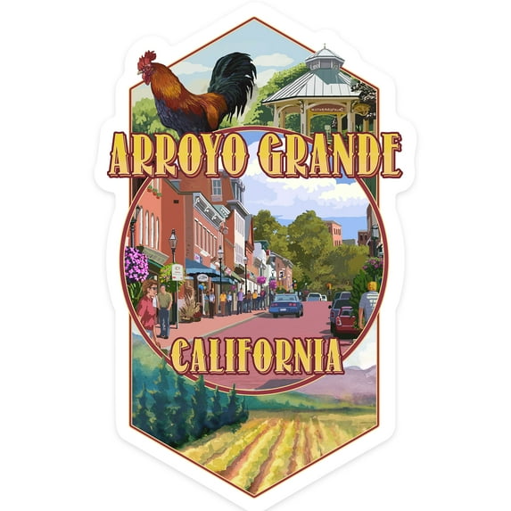 Die Cut Sticker Arroyo Grande, California, Town Montage, Contour Vinyl Sticker 3 to 6 inches, (Waterproof Decal for Cars, Water Bottles, Laptops, Coolers), Large