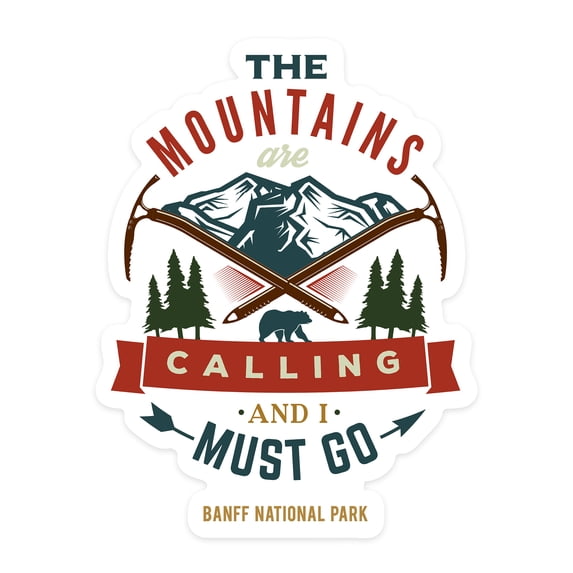 Die Cut Sticker Banff National Park, Canada, The Mountains are Calling, Bear and Mountains, Contour Vinyl Sticker 1 to 3 inches (Waterproof Decal for Cars, Water Bottles, Laptops, Coolers), Small