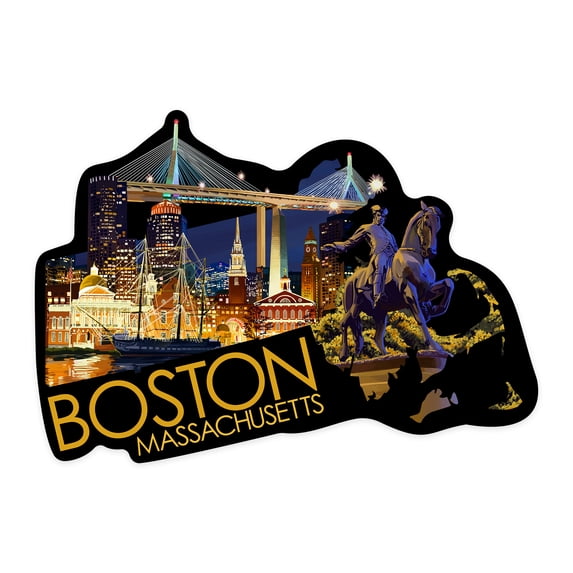 Die Cut Sticker Boston, Massachusetts, Skyline at Night, Contour Vinyl Sticker 1 to 3 inches (Waterproof Decal for Cars, Water Bottles, Laptops, Coolers), Small