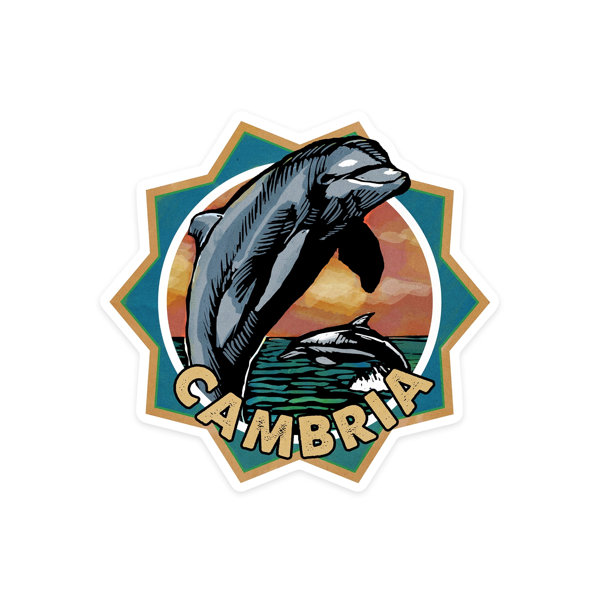 Die Cut Sticker Cambria, California, Dolphin, Scratchboard, Contour