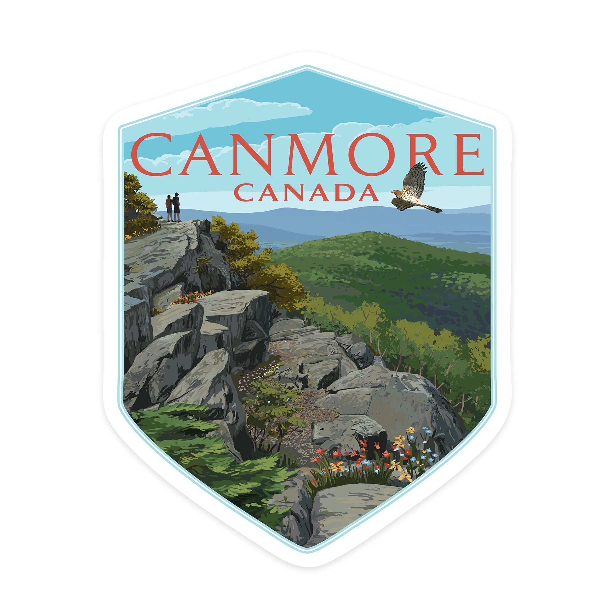 Die Cut Sticker Canmore, Canada, Hikers and Hawk, Contour Vinyl Sticker ...