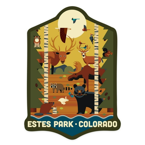 Die Cut Sticker Estes Park, Colorado, Forest Animals and Pine Trees, Geometric, Contour Vinyl Sticker 3 to 6 inches, (Waterproof Decal for Cars, Water Bottles, Laptops, Coolers), Large