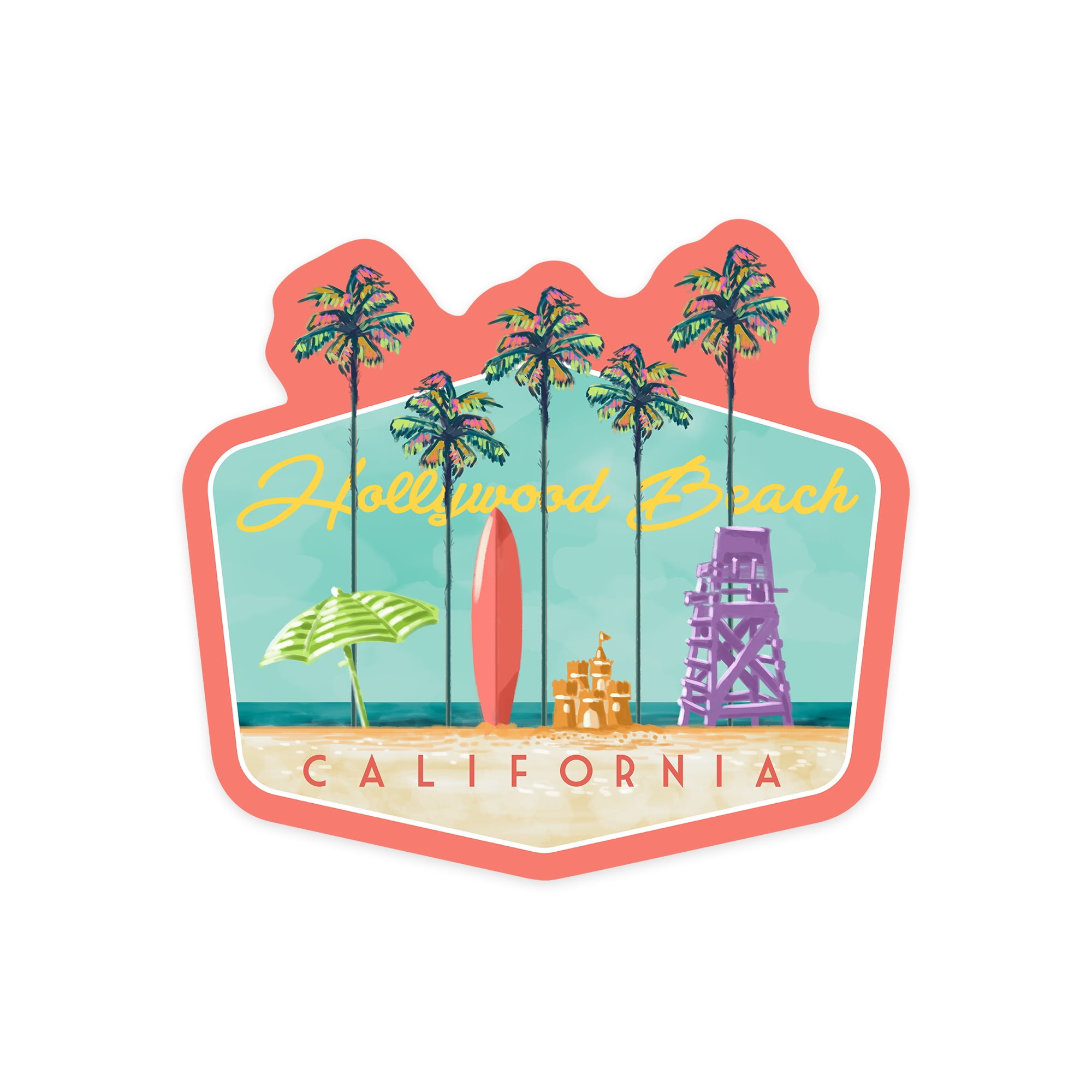 Die Cut Sticker Hollywood Beach, California, Tall Palms Beach Scene ...