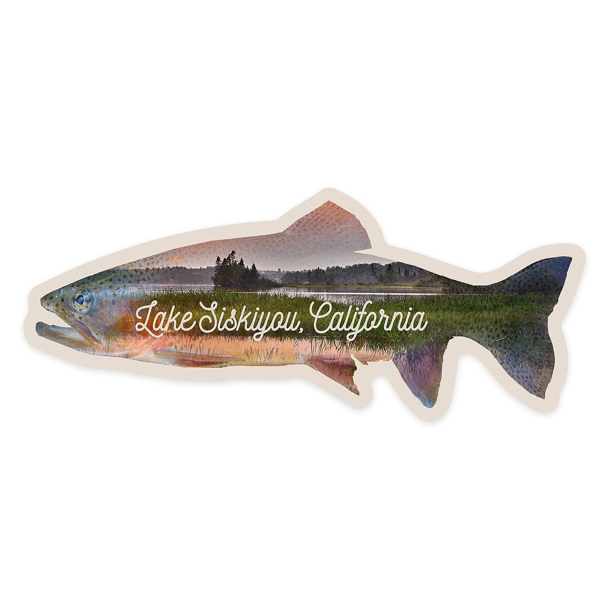 Sticker Contour Die Cut Sticker Lake Siskiyou, California, Double Exposure Trout ...