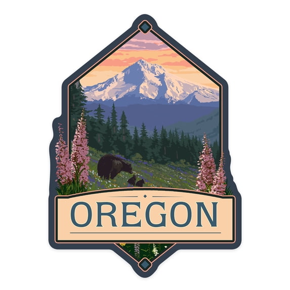 Die Cut Sticker Oregon, Bears and Spring Flowers, Contour Vinyl Sticker 1 to 3 inches (Waterproof Decal for Cars, Water Bottles, Laptops, Coolers), Small