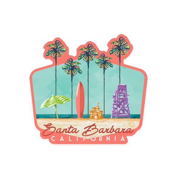 Die Cut Sticker Santa Barbara, California, Tall Palms Beach Scene, Contour Vinyl Sticker 3 to 6 inches, (Waterproof Decal for Cars, Water Bottles, Laptops, Coolers), Large