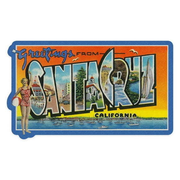 Die Cut Sticker Santa Cruz, California, Greetings, Contour Vinyl Sticker 1 to 3 inches (Waterproof Decal for Cars, Water Bottles, Laptops, Coolers), Small