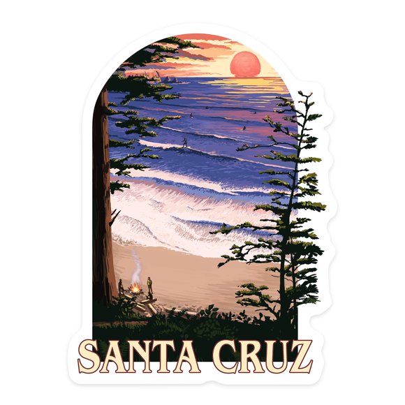 Die Cut Sticker Santa Cruz, California, Sunset and Surfers, Contour Vinyl Sticker 1 to 3 inches (Waterproof Decal for Cars, Water Bottles, Laptops, Coolers), Small