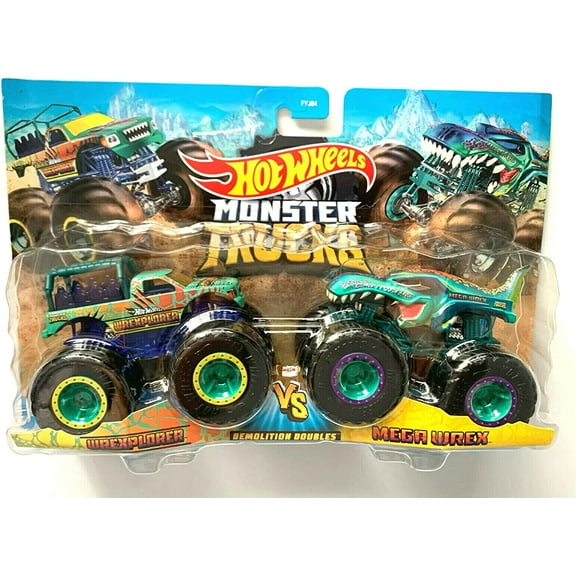DieCast Hot Wheels Monster Trucks Wrexplorer vs Mega Wrex, Demolition Doubles (1:64 Scale)