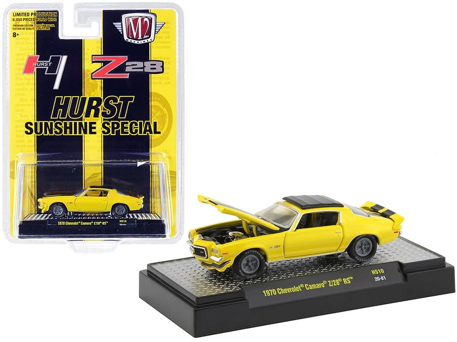 Voiture Miniature M2 Machines Chevrolet Camaro Z/28 RS 1970 - Échelle 1:64, Jaune à Rayures Noires