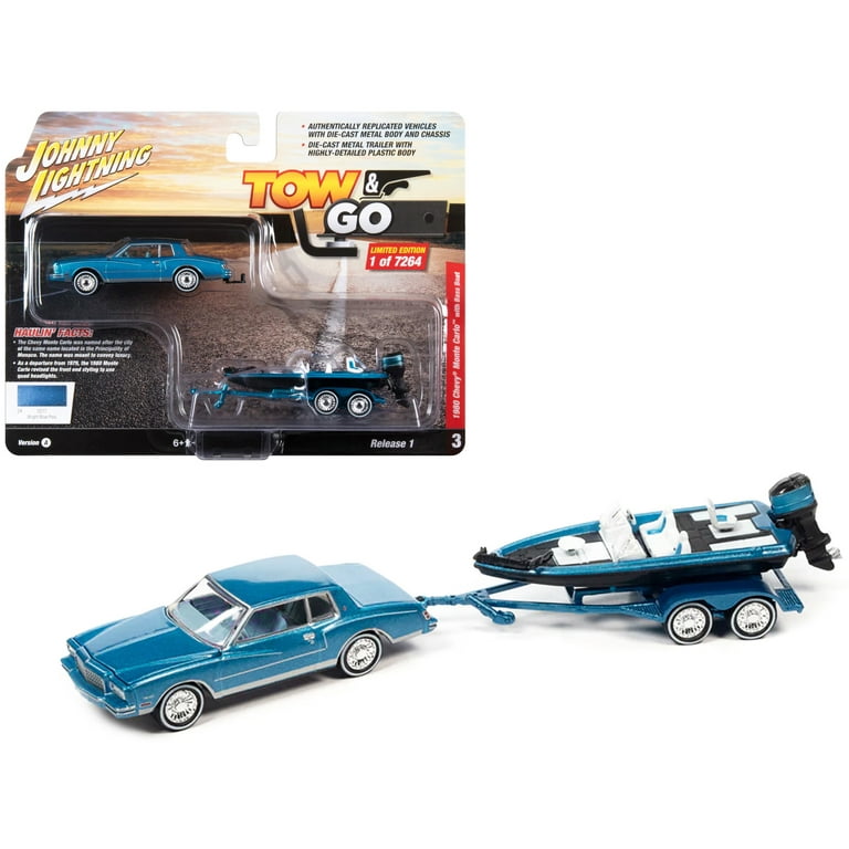 Diecast 1980 Chevrolet Monte Carlo Bright Blue Metallic with Blue Interior with Bass Boat and Trailer Limited Edition to 7264 pieces Worldwide Tow Go Series 1 64 Diecast Model Car Walmart