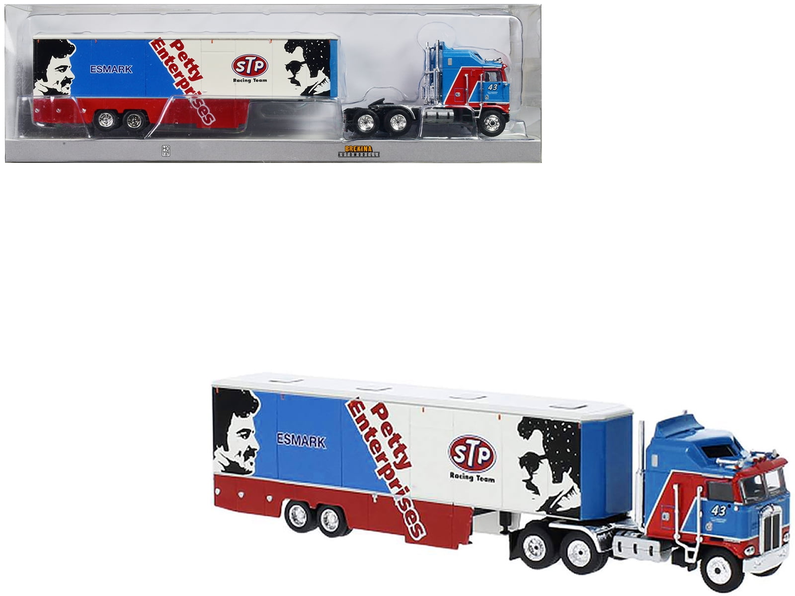 Diecast 1980 Kenworth K-100 COE Aerodyne Transporter Blue and Red