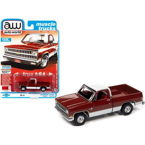 Diecast 1981 Chevrolet Silverado 10 Fleetside Carmine Red and White with Red Interior "Muscle Trucks" Limited Edition to 19504 pieces Worldwide 1/64 Diecast Model Car by Autoworld