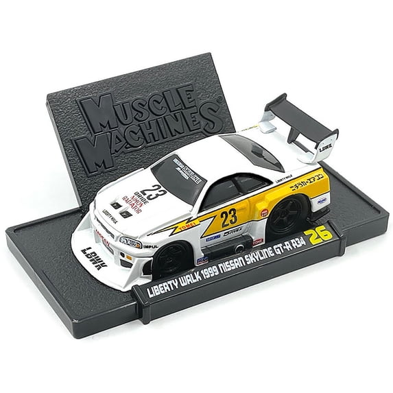 Diecast 1999 Nissan Skyline GT-R R34 Super Silhouette #23 White with Graphics "Liberty Walk" 1/64 Diecast Model Car by Muscle Machines