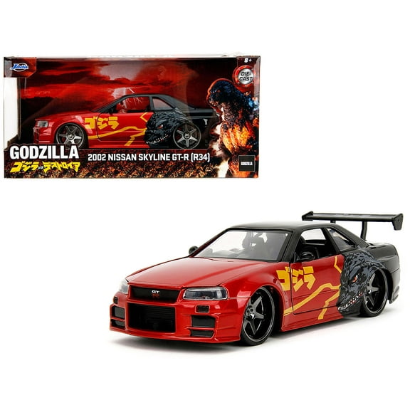 Diecast 2002 Nissan Skyline GT-R (R34) RHD (Right Hand Drive) Red Metallic and Black "Godzilla vs. Destoroyah" (1995) Movie "Hollywood Rides" Series 1/24 Diecast Model Car by Jada