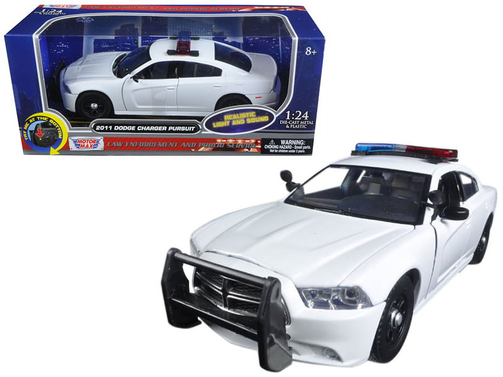Diecast 2011 Dodge Charger Pursuit Police Car White with Flashing Light Bar, Front and Rear