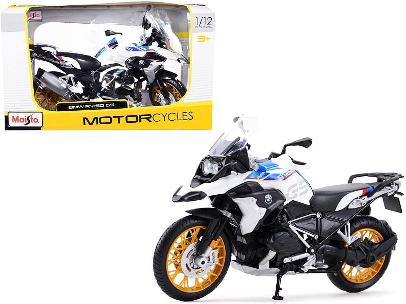 Diecast BMW R1250 GS White with Blue and Red Stripes 1/12 Diecast Motorcycle Model by Maisto